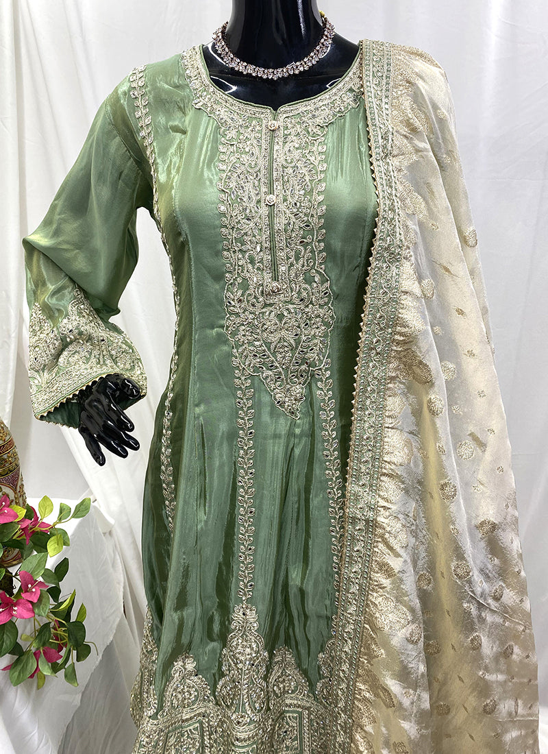 Green Shimmer Silk Embroidery Work Wedding Wear Readymade Plazzo Suit