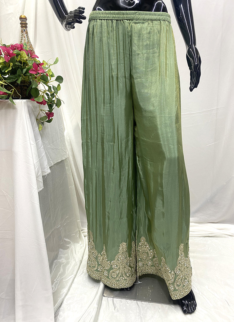Green Shimmer Silk Embroidery Work Wedding Wear Readymade Plazzo Suit