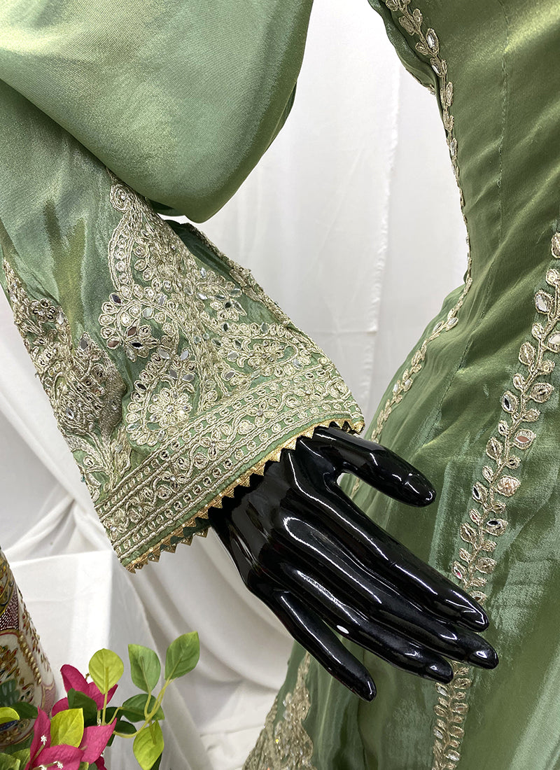 Green Shimmer Silk Embroidery Work Wedding Wear Readymade Plazzo Suit