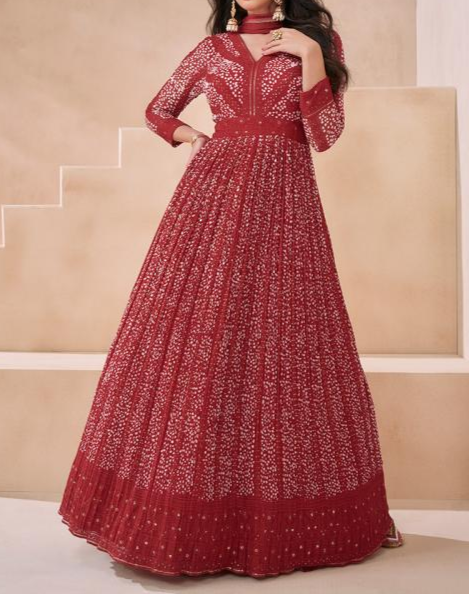 Red Real Georgette Readymade Gown With Dupatta