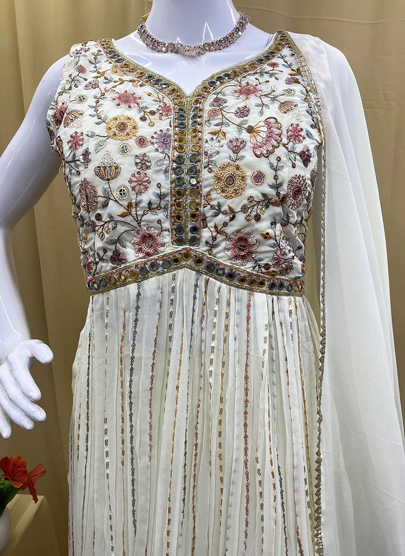 White Georgette Hand Work Party Wear Readymade Suit