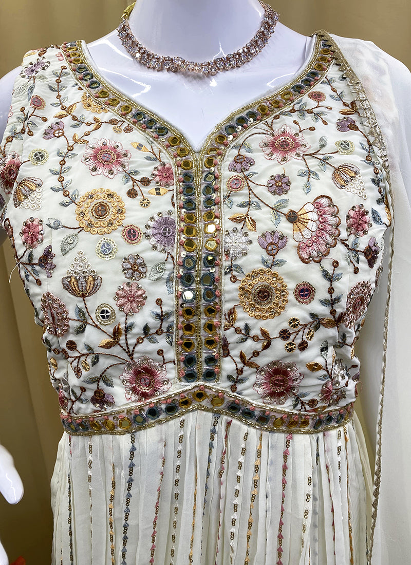 White Georgette Hand Work Party Wear Readymade Suit