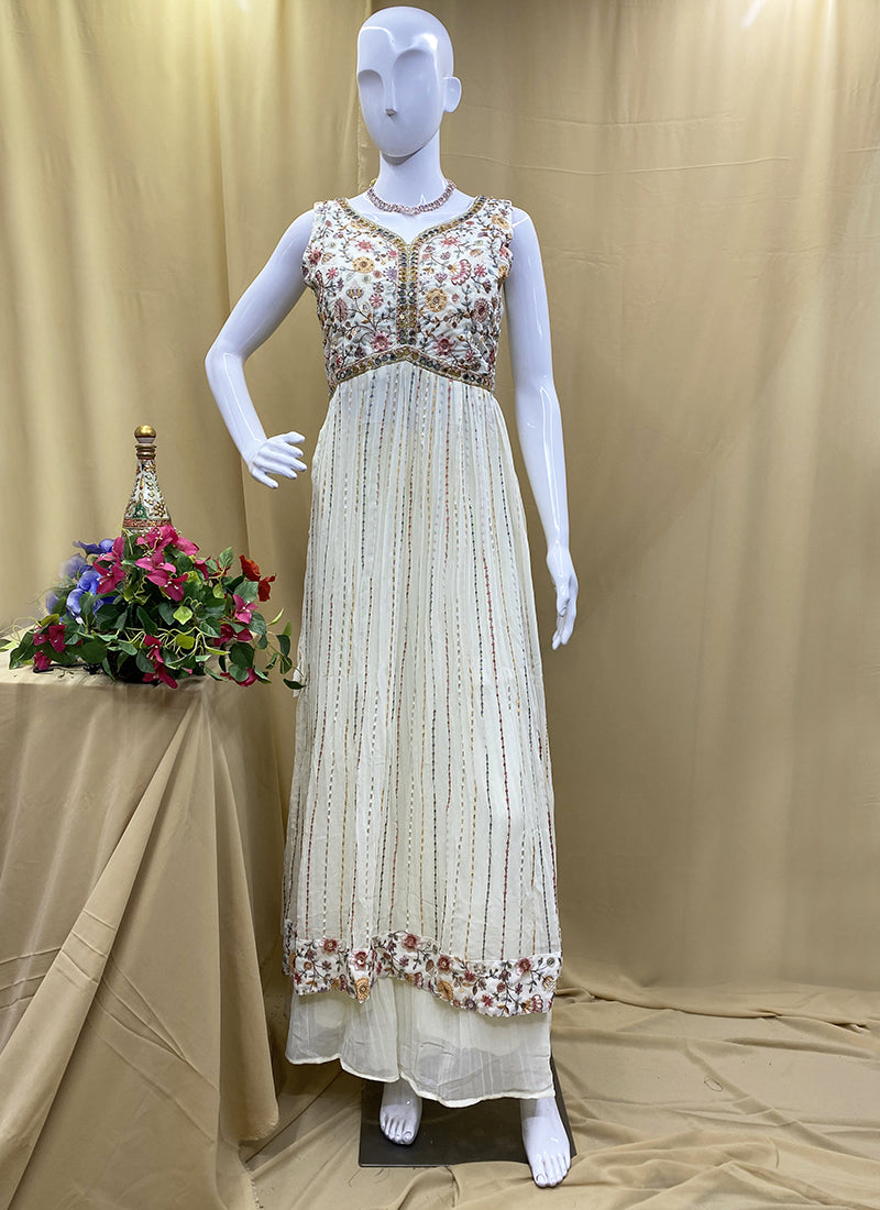 White Georgette Hand Work Party Wear Readymade Suit