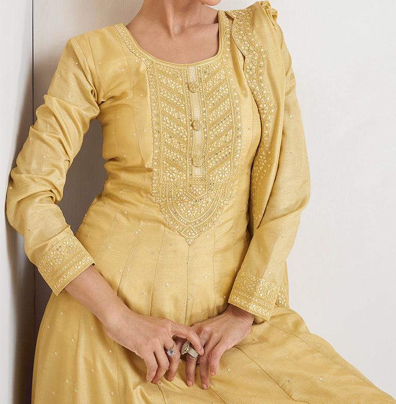 Yellow Premium Silk Embroidery Work Party Wear Readymade Gown With Dupatta