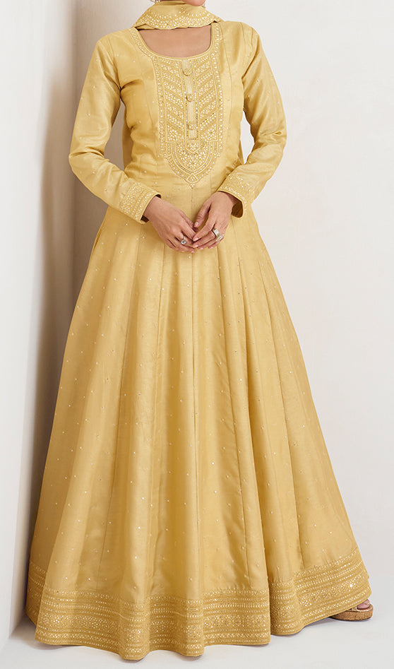 Yellow Premium Silk Embroidery Work Party Wear Readymade Gown With Dupatta