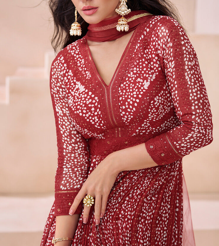 Red Real Georgette Readymade Gown With Dupatta