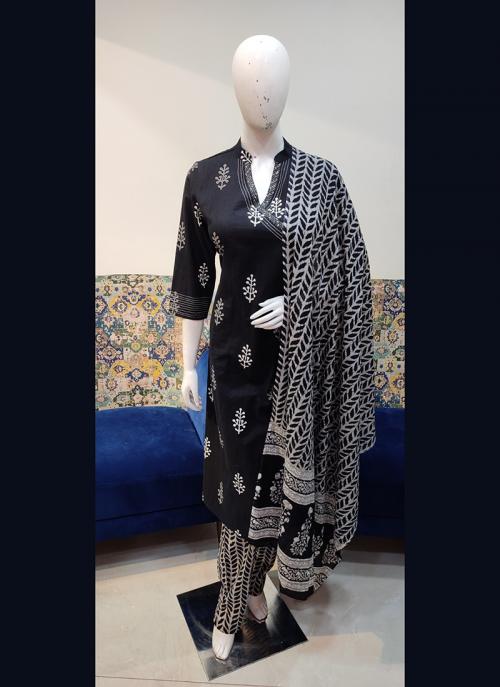 Black Printed Work Cotton Readymade Salwar Suit