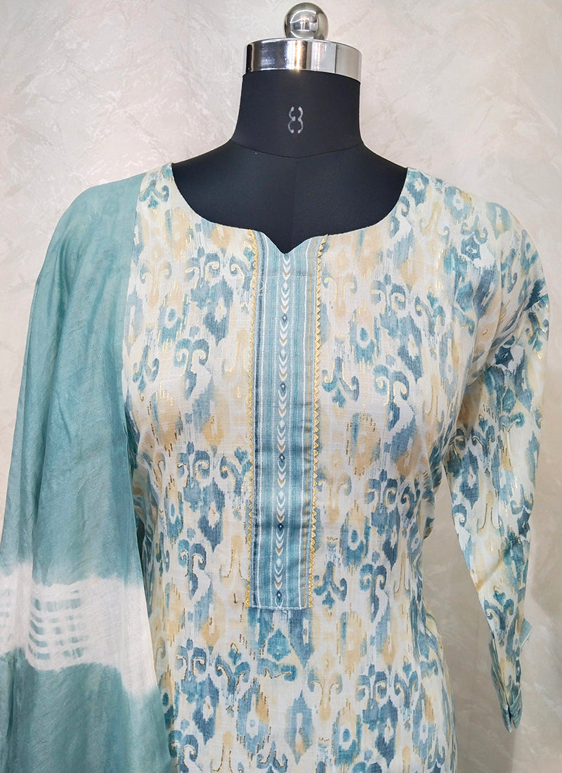 Blue Embroidery Work Cotton Readymade Kurta Salwar