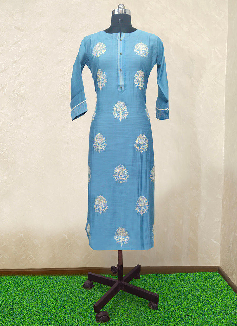 Casual Wear Firozi Embroidery Work Chanderi Kurti