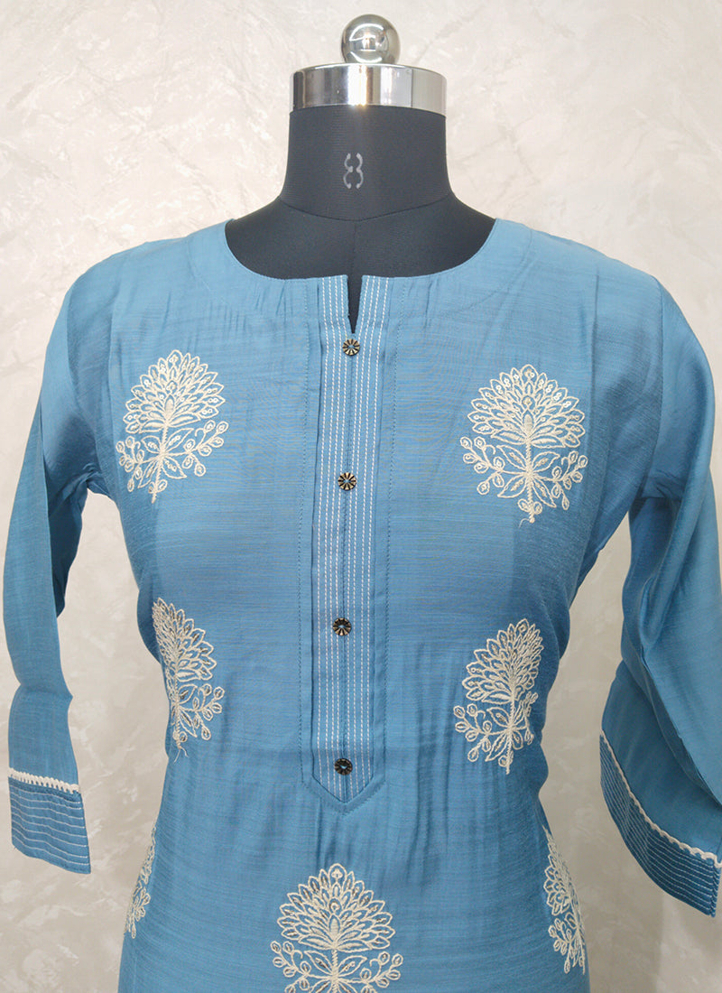 Casual Wear Firozi Embroidery Work Chanderi Kurti