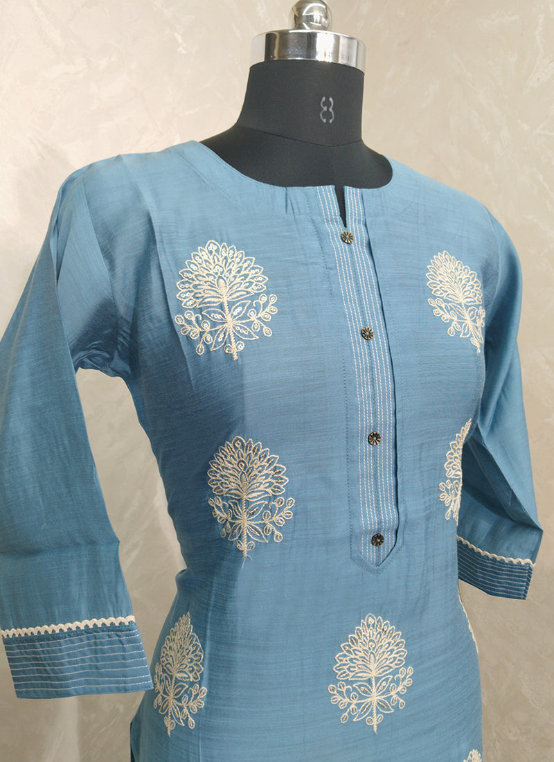 Casual Wear Firozi Embroidery Work Chanderi Kurti