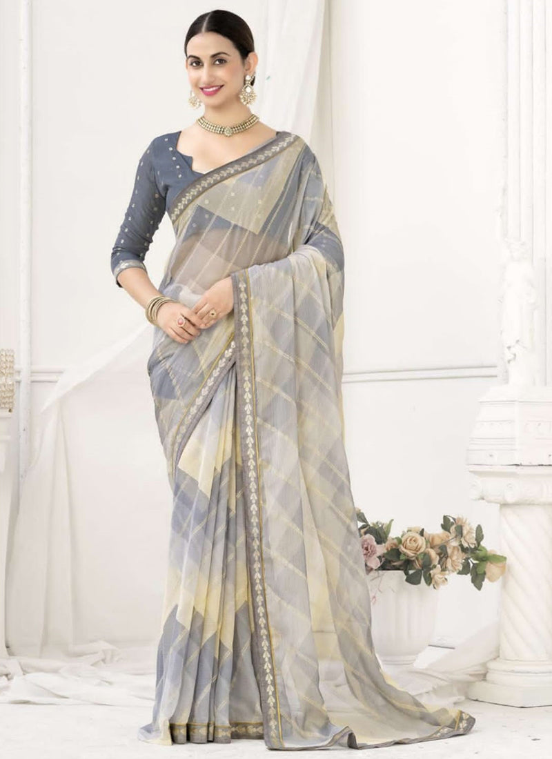 Casual Wear Grey Printed Pure Chiffon Saree