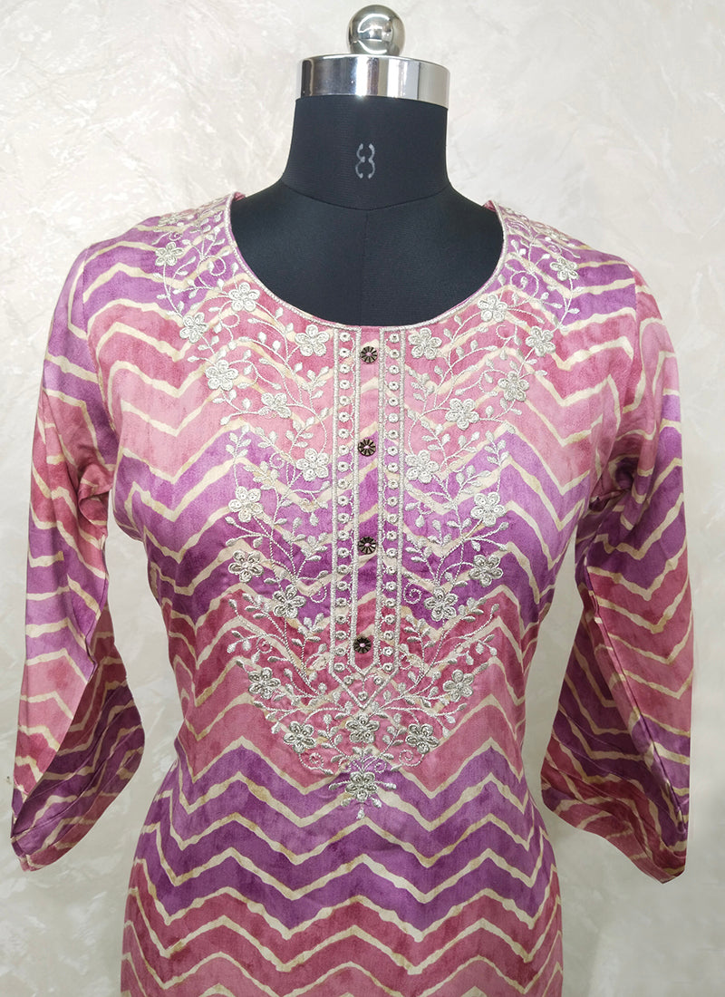 Casual Wear Pink Embroidery Work Chanderi Kurti