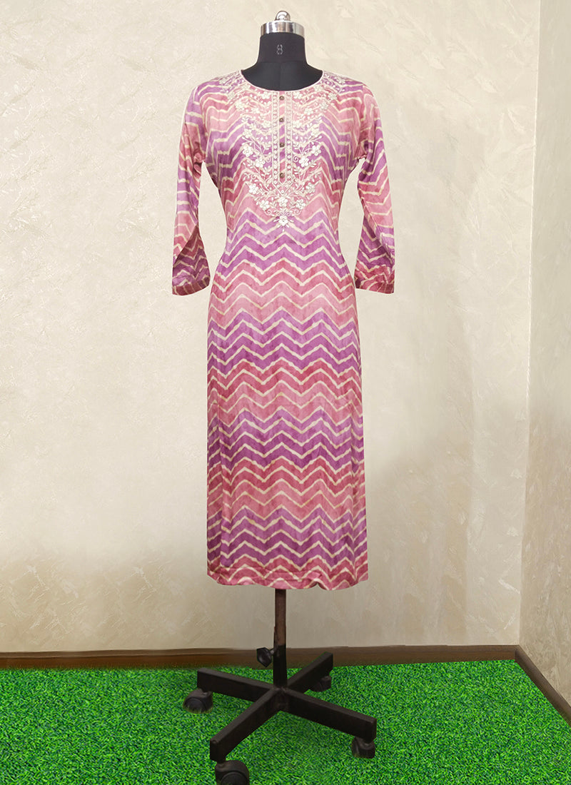 Casual Wear Pink Embroidery Work Chanderi Kurti