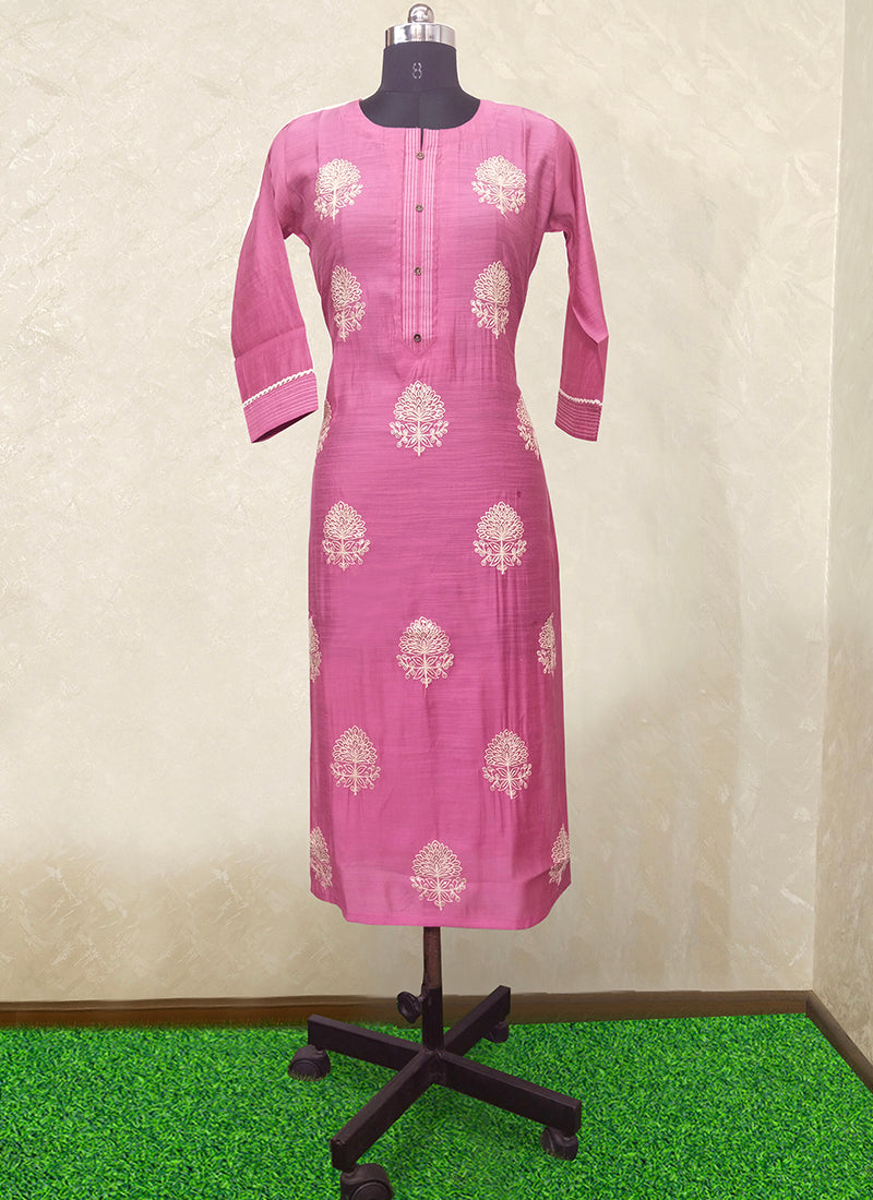 Casual Wear Pink Embroidery Work Chanderi Kurti