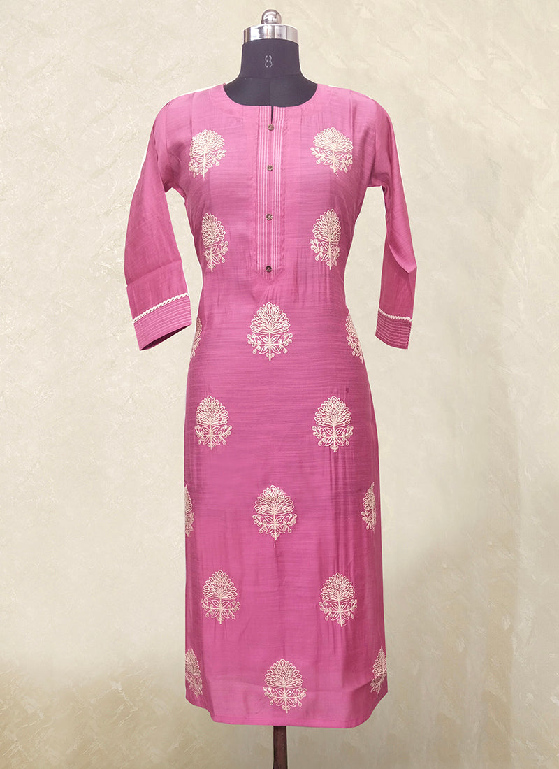 Casual Wear Pink Embroidery Work Chanderi Kurti