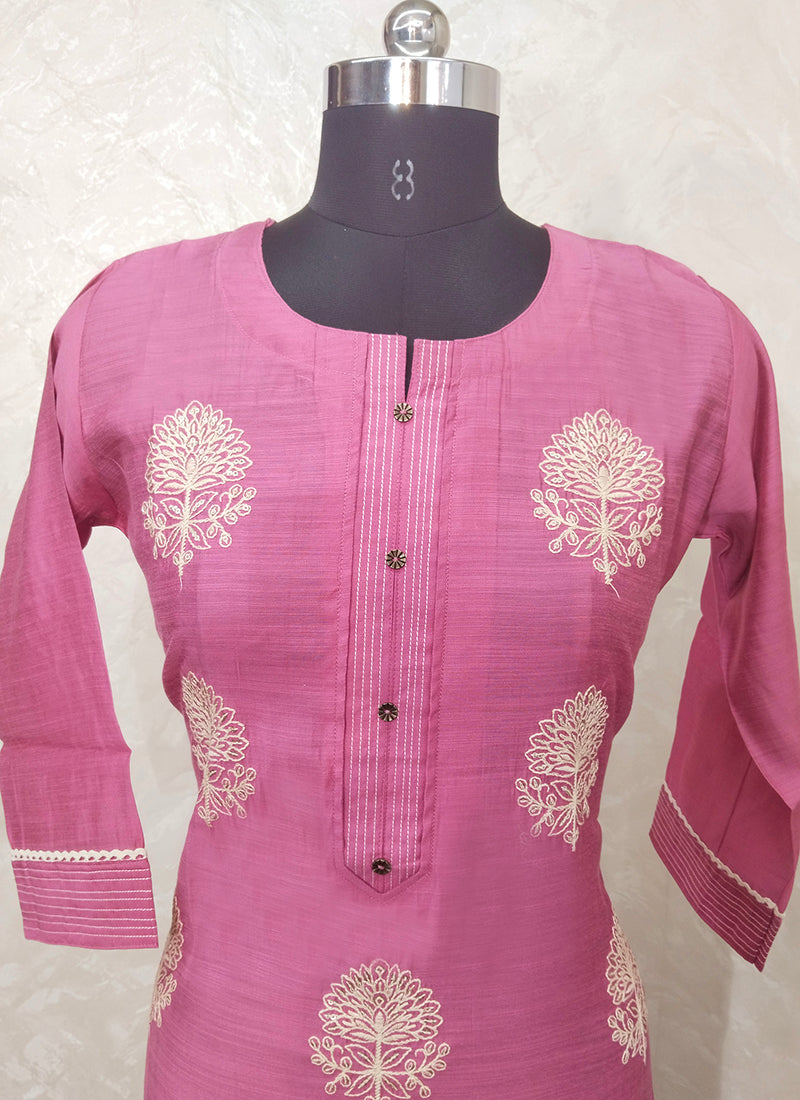 Casual Wear Pink Embroidery Work Chanderi Kurti