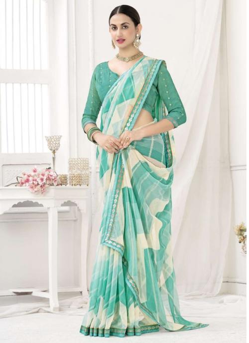 Casual Wear Teal Green Printed Pure Chiffon Saree