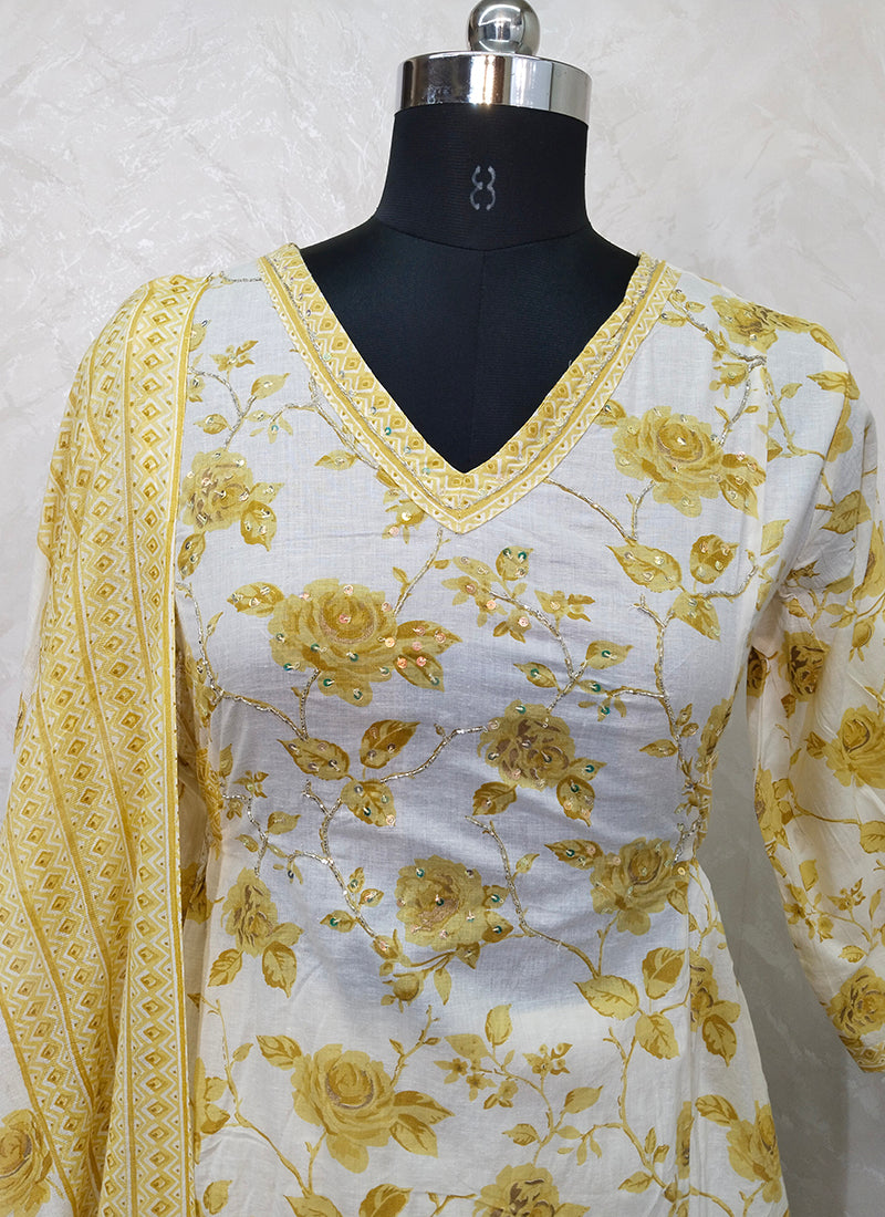 Yellow Printed Pure Cotton Readymade Salwar Suit