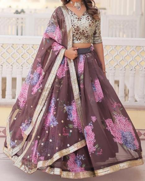 Coffee Russian Silk Printed Party Wear Lehenga Choli