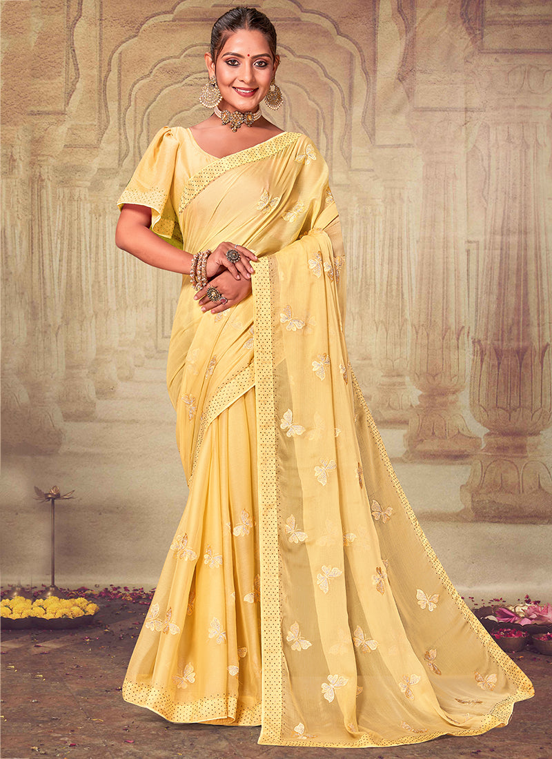 Yellow Embroidery Work Chiffon Saree