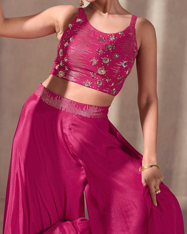 Hot Pink Real Chinnon Silk Readymade Indo-Western Dress