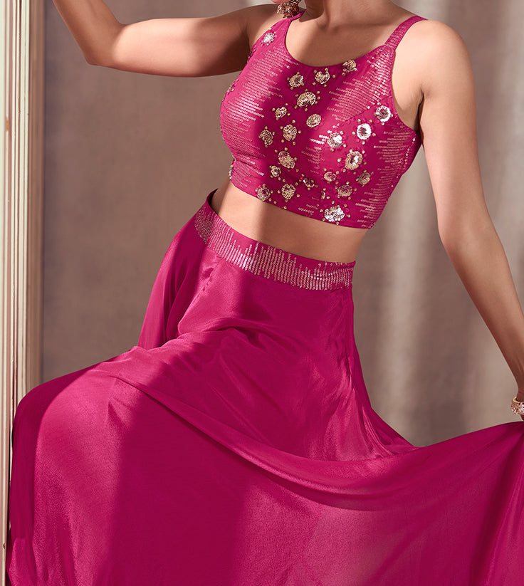 Hot Pink Real Chinnon Silk Readymade Indo-Western Dress Hot Pink Real Chinnon Silk Readymade Indo-Western Dress