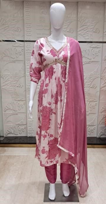 Pink Hand Work Chiffon Readymade Salwar Suit