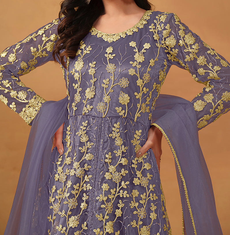 Lilac Net Embroidery Anarkali Suit