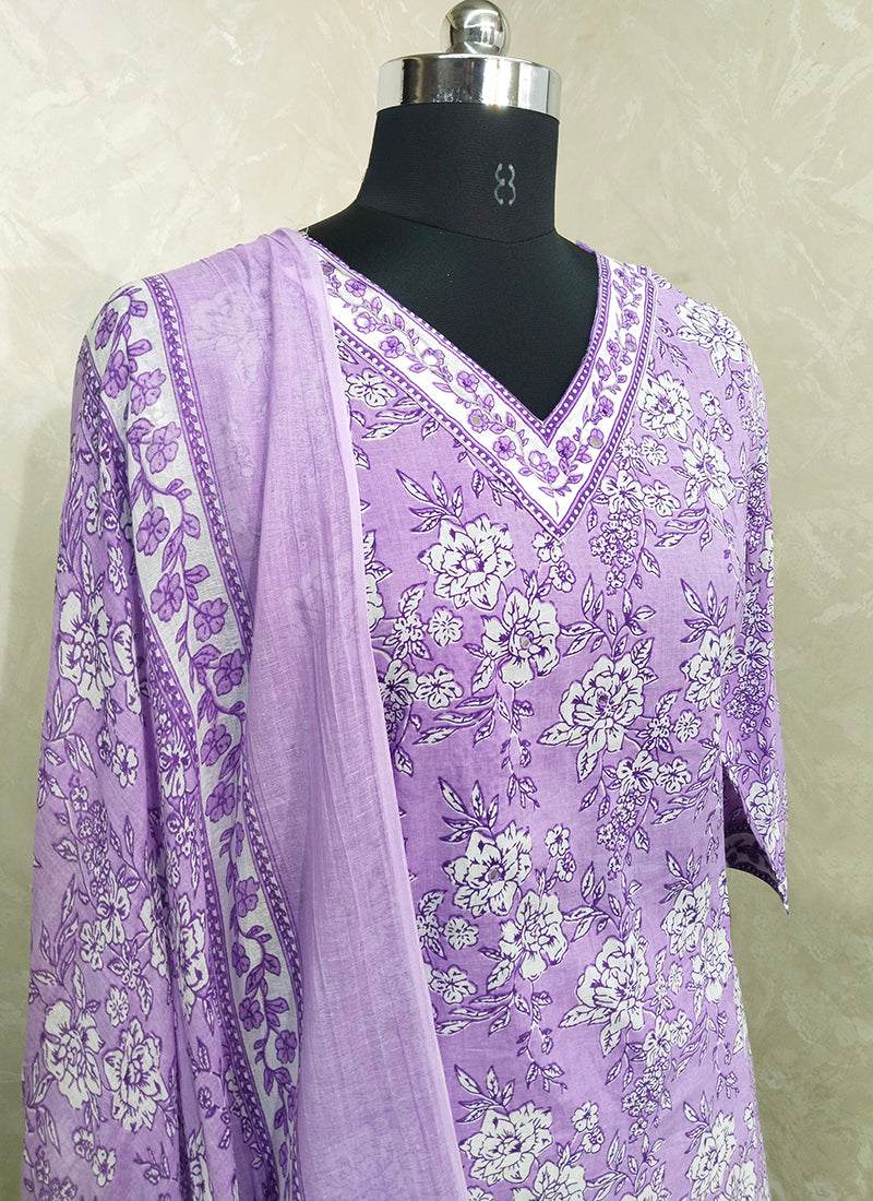 Lilac Printed Pure Cotton Readymade Salwar Suit