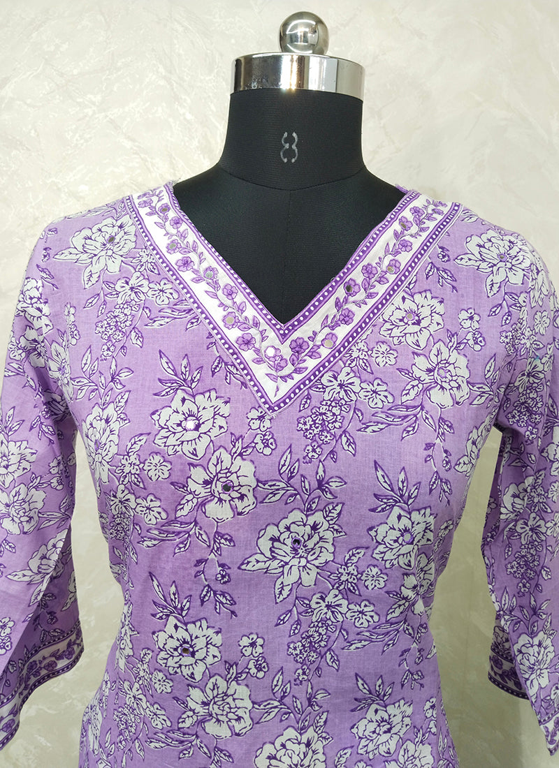 Lilac Printed Pure Cotton Readymade Salwar Suit