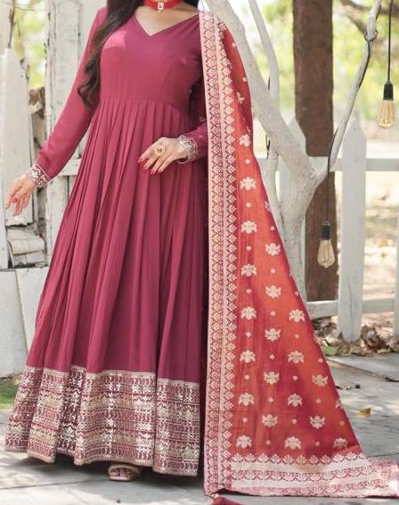 Pink Faux Georgette Embroidery Work Party Wear Readymade Gown With Dupatta