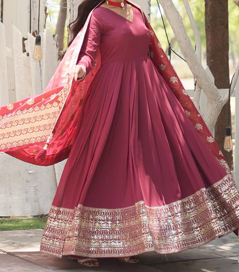 Pink Faux Georgette Embroidery Work Party Wear Readymade Gown With Dupatta