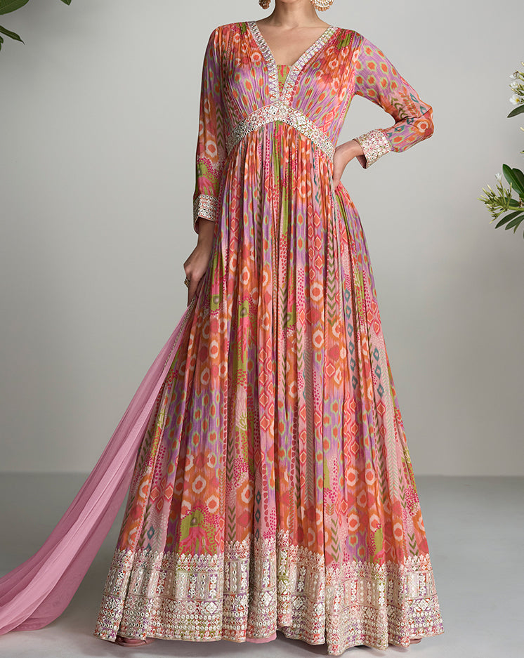 Pink Real Chinnon Printed Wedding Wear Readymade Gown With Dupatta