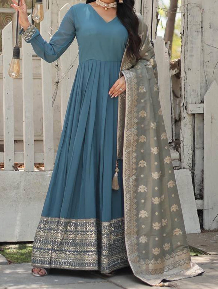 Sky Blue Faux Georgette Embroidery Work Party Wear Readymade Gown With Dupatta