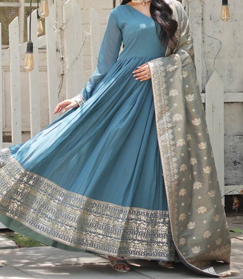 Sky Blue Faux Georgette Embroidery Work Party Wear Readymade Gown With Dupatta