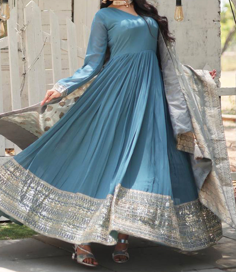 Sky Blue Faux Georgette Embroidery Work Party Wear Readymade Gown With Dupatta