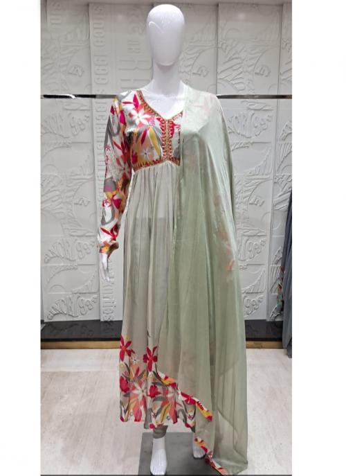 Alia Cut-  Pista Green Hand Work Chiffon Readymade Salwar Suit