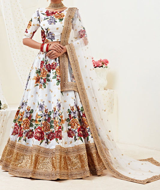 Traditional Wear White Embroidery Work Banglori Satin Lehenga Choli