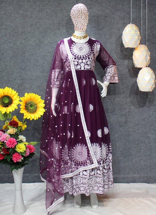 Wine Thread Work Faux Georgette Gown With Dupatta