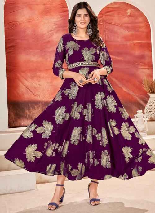 Party Wear Wine Digital Printed Georgette Gown