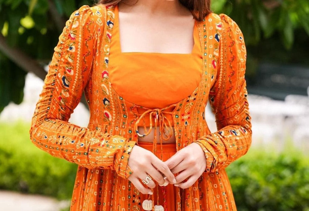 Orange Digital Printed Rayon Top Palazzo With Jacket