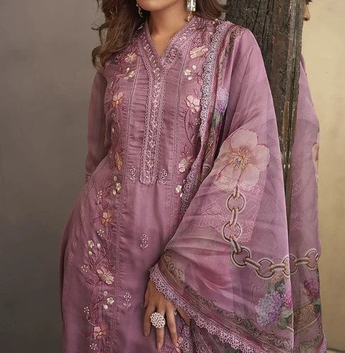 Traditional Wear Onion Pink Embroidery Work Organza Readymade Salwar Suit