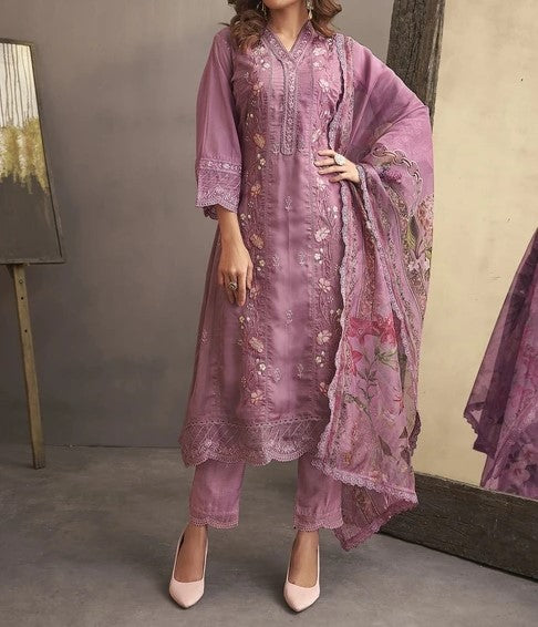 Traditional Wear Onion Pink Embroidery Work Organza Readymade Salwar Suit