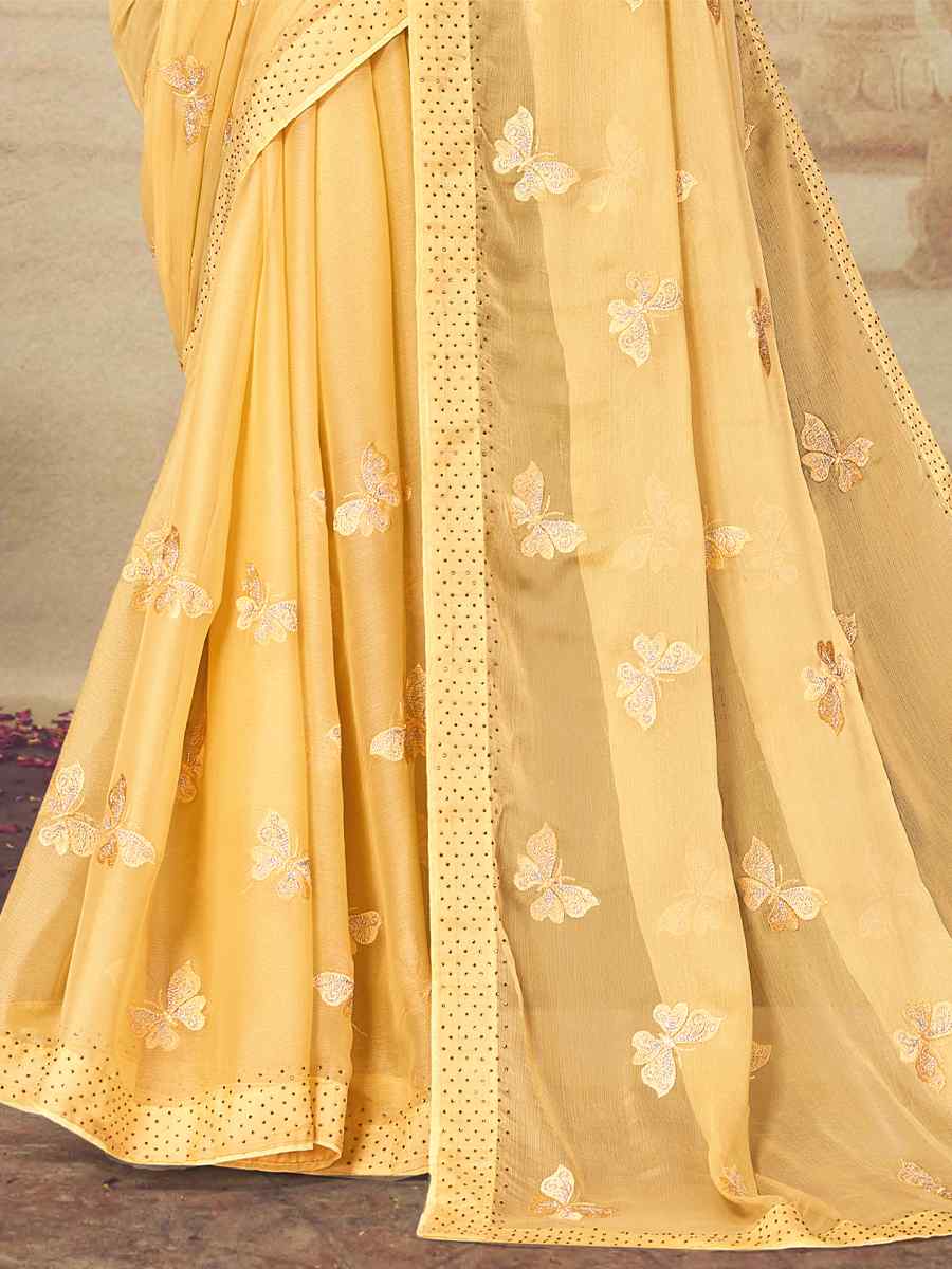 Yellow Embroidery Work Chiffon Saree