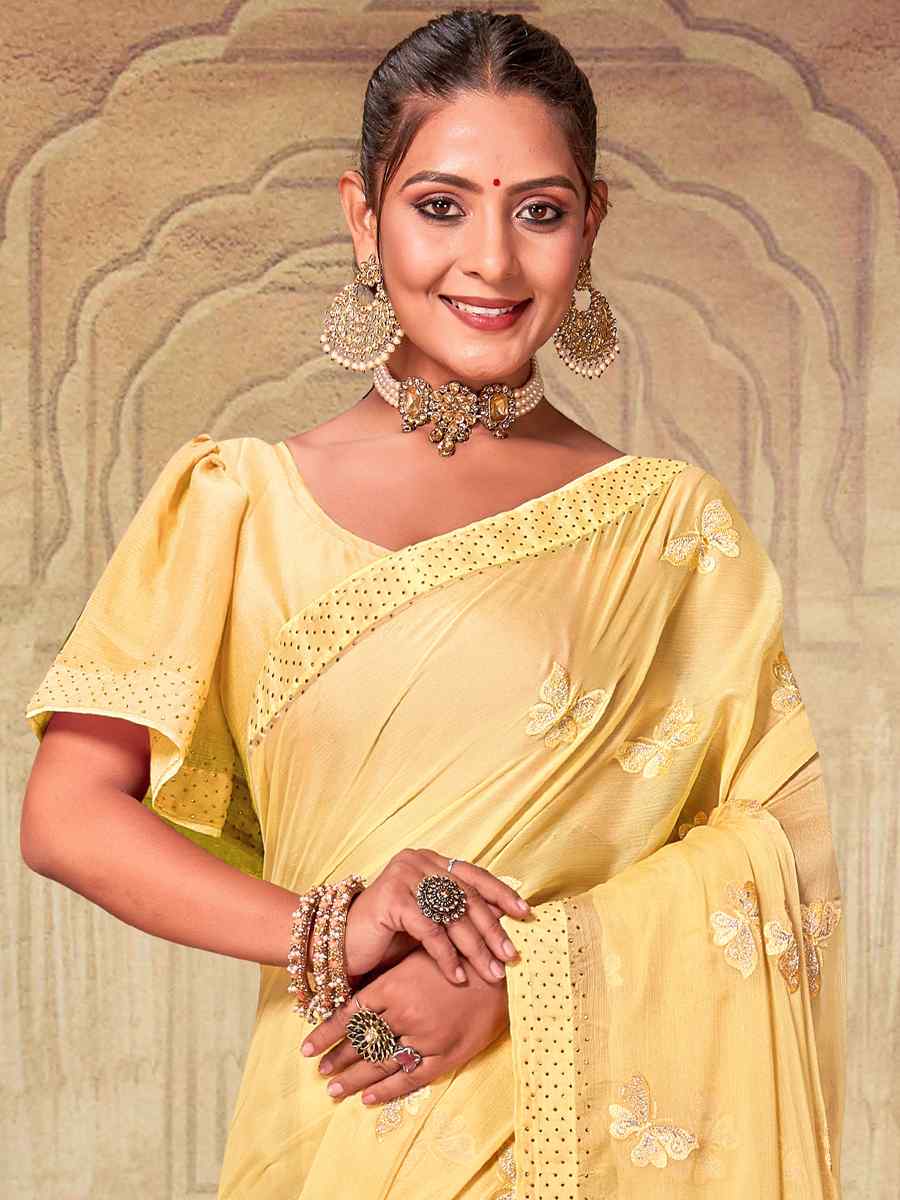 Yellow Embroidery Work Chiffon Saree